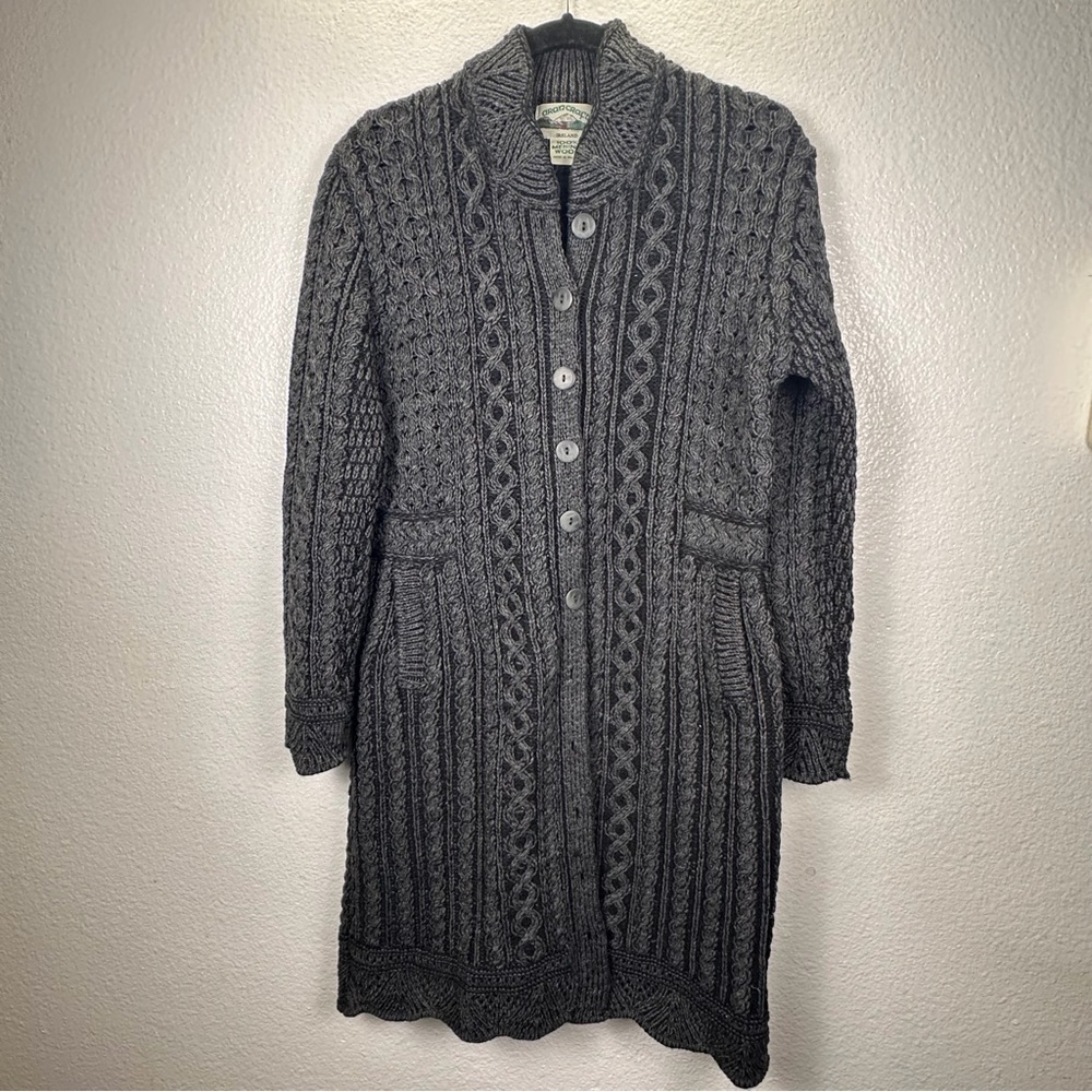Aran Crafts Women's Gray Cable-Knit Button Cardigan Sweater 100% Merino Wool M